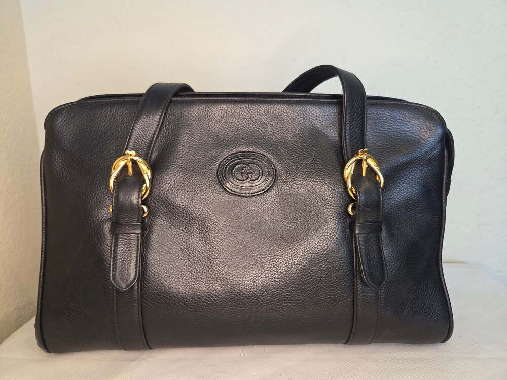 Gucci Black Vintage Soft Leather Shoulder Bag with Gold-Tone Horsebit Hardware